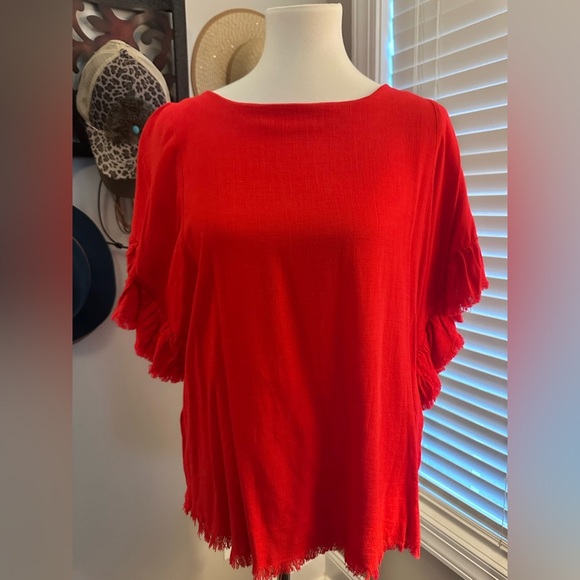Vibrant Red Linen Top with Flutter Sleeves – Effortlessly Boho - Picture 1 of 4